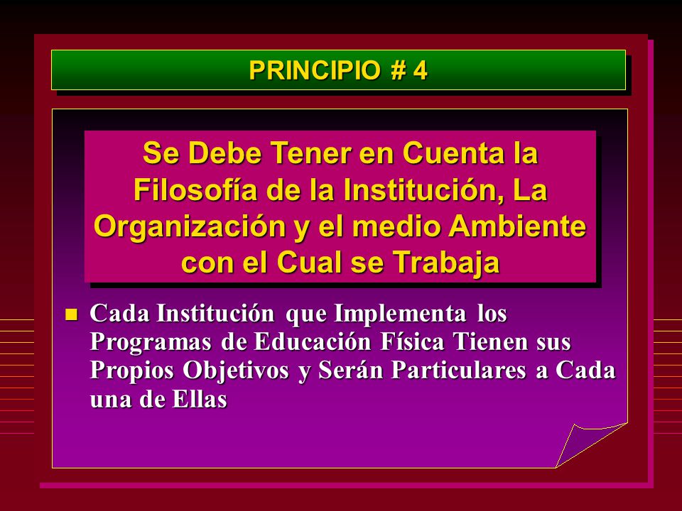 PRINCIPIO # 4 Se Debe Tener en Cuenta la Filosofía de la Institución, La Organización y el medio Ambiente con el Cual se Trabaja.