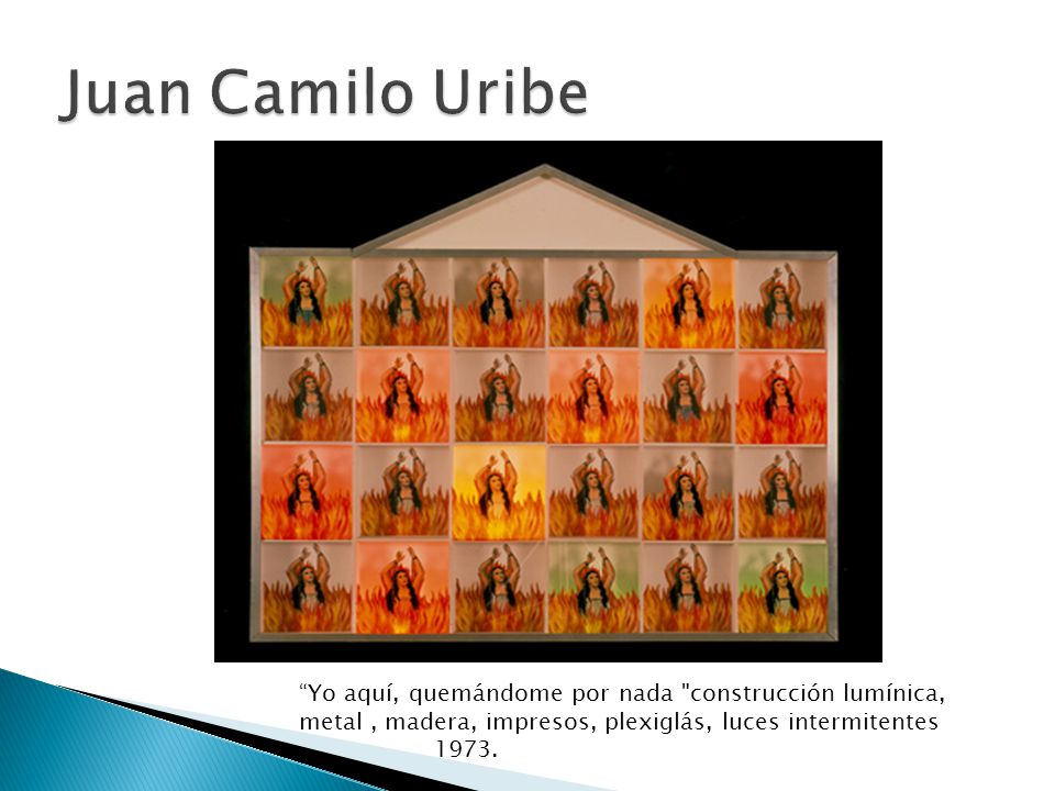 Juan Camilo Uribe Yo aquí, quemándome por nada construcción lumínica, metal , madera, impresos, plexiglás, luces intermitentes.
