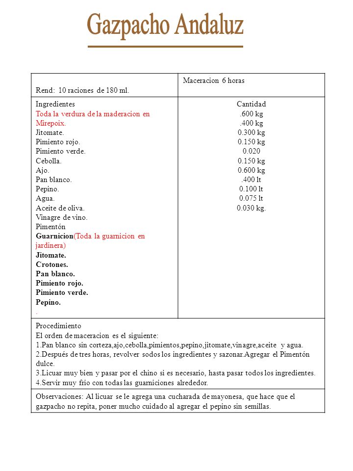 Gazpacho Andaluz Rend: 10 raciones de 180 ml. Maceracion 6 horas