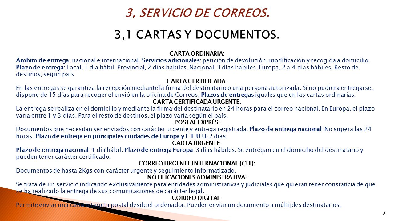 3, SERVICIO DE CORREOS. 3,1 CARTAS Y DOCUMENTOS.