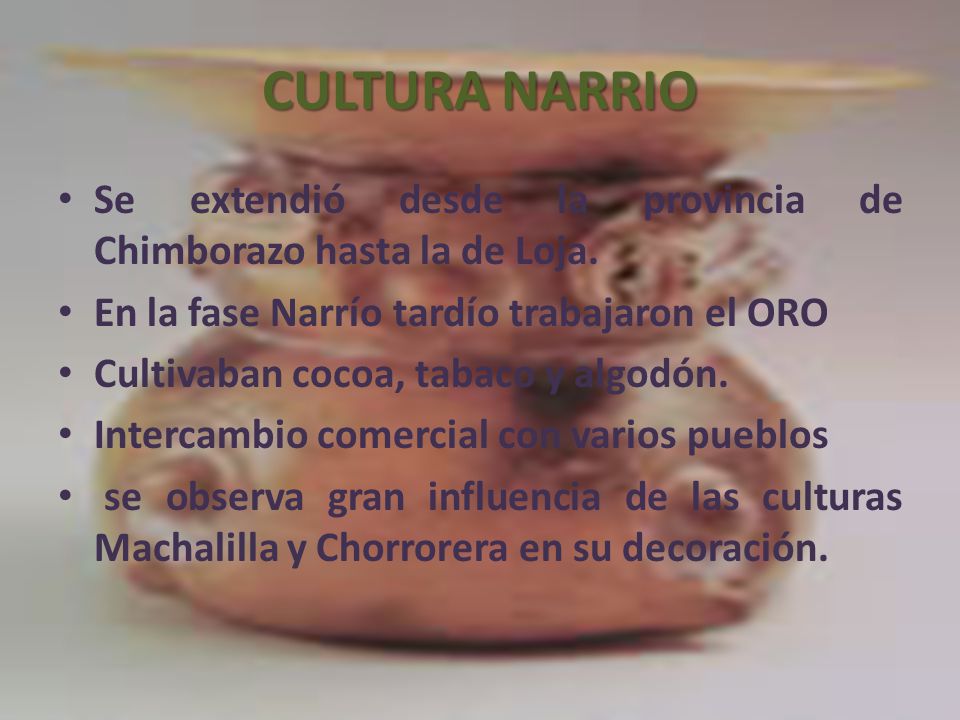 CULTURA NARRIO Se extendió desde la provincia de Chimborazo hasta la de Loja. En la fase Narrío tardío trabajaron el ORO.