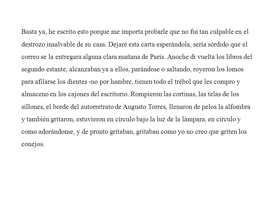 Basta ya, he escrito esto porque me importa probarle que no fui tan culpable en el destrozo insalvable de su casa.