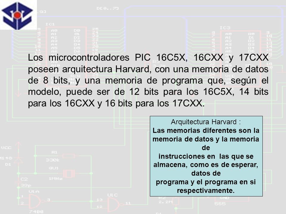 Los microcontroladores PIC 16C5X, 16CXX y 17CXX poseen arquitectura Harvard, con una memoria de datos de 8 bits, y una memoria de programa que, según el modelo, puede ser de 12 bits para los 16C5X, 14 bits para los 16CXX y 16 bits para los 17CXX.