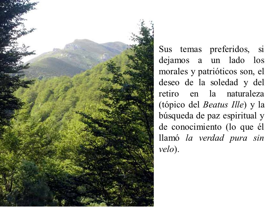 Sus temas preferidos, si dejamos a un lado los morales y patrióticos son, el deseo de la soledad y del retiro en la naturaleza (tópico del Beatus Ille) y la búsqueda de paz espiritual y de conocimiento (lo que él llamó la verdad pura sin velo).