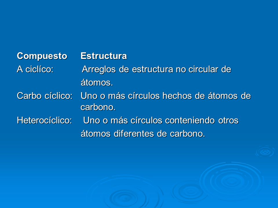 Compuesto Estructura A ciclíco: Arreglos de estructura no circular de. átomos.