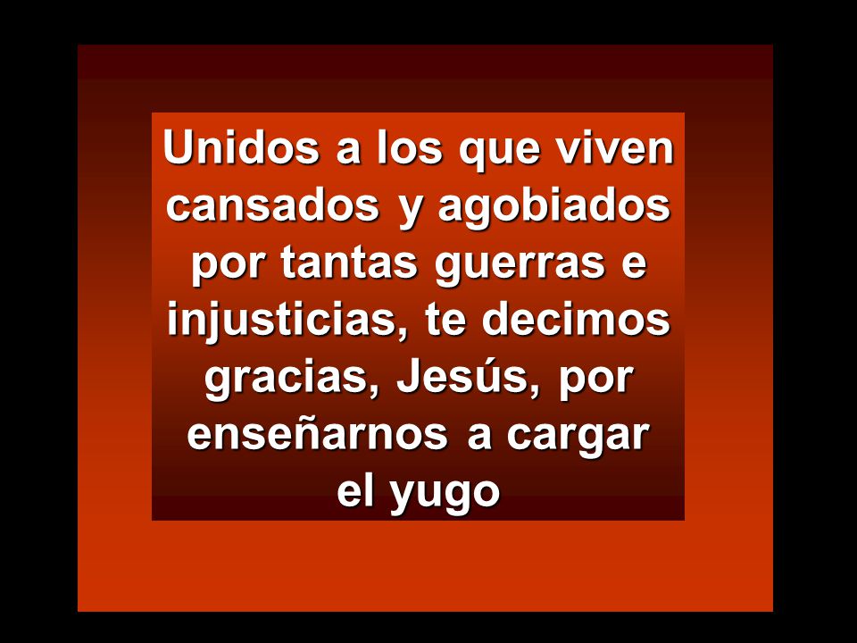 Unidos a los que viven cansados y agobiados por tantas guerras e injusticias, te decimos gracias, Jesús, por enseñarnos a cargar el yugo