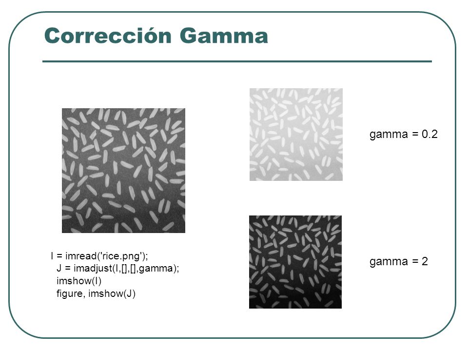 Corrección Gamma gamma = 0.2 gamma = 2 I = imread( rice.png );