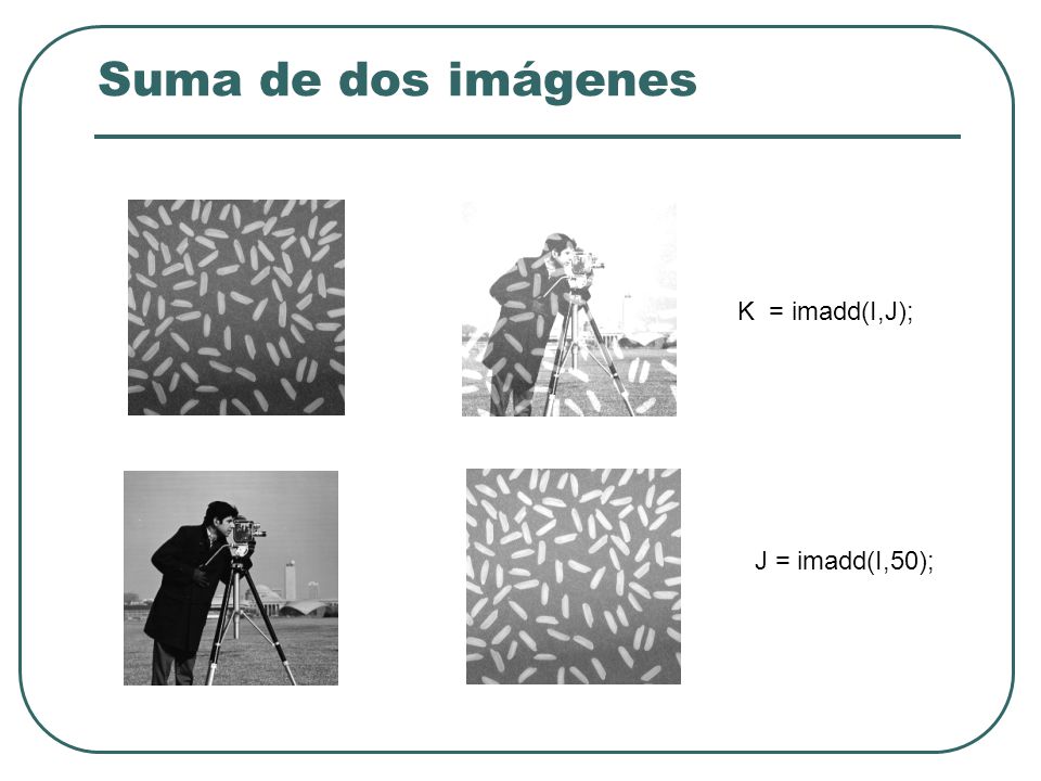 Suma de dos imágenes K = imadd(I,J); J = imadd(I,50);
