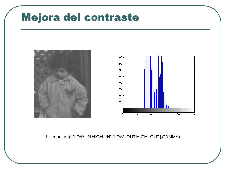 Mejora del contraste J = imadjust(I,[LOW_IN HIGH_IN],[LOW_OUT HIGH_OUT],GAMMA)