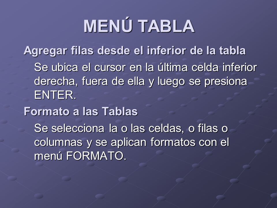 MENÚ TABLA Agregar filas desde el inferior de la tabla