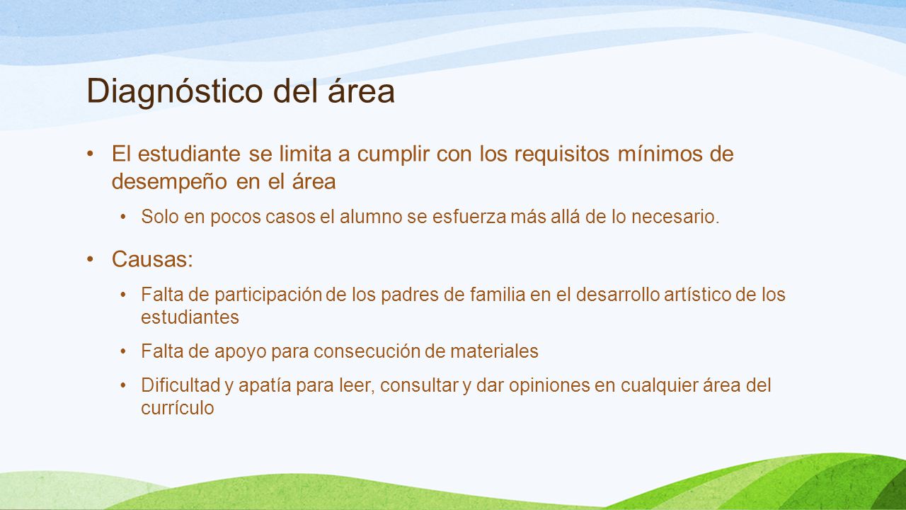Diagnóstico del área El estudiante se limita a cumplir con los requisitos mínimos de desempeño en el área.