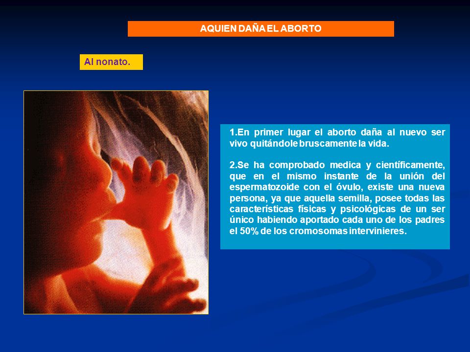 AQUIEN DAÑA EL ABORTO Al nonato. En primer lugar el aborto daña al nuevo ser vivo quitándole bruscamente la vida.