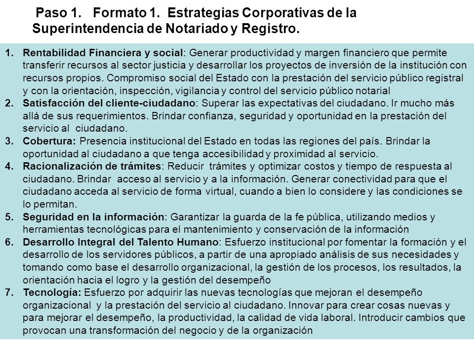 Paso 1. Formato 1. Estrategias Corporativas de la Superintendencia de Notariado y Registro.