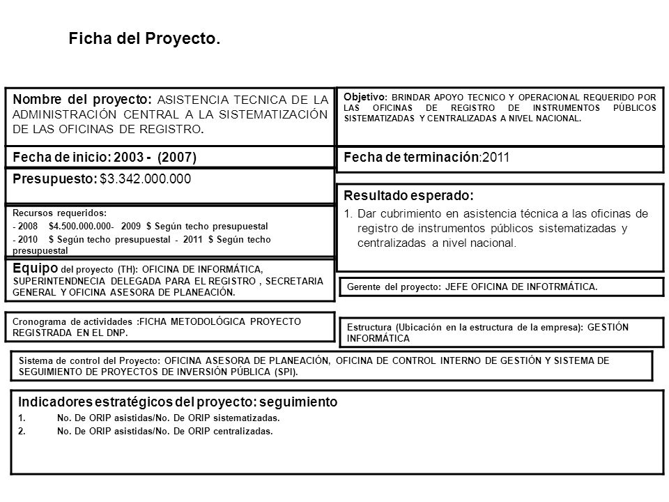Ficha del Proyecto. Nombre del proyecto: ASISTENCIA TECNICA DE LA ADMINISTRACIÓN CENTRAL A LA SISTEMATIZACIÓN DE LAS OFICINAS DE REGISTRO.