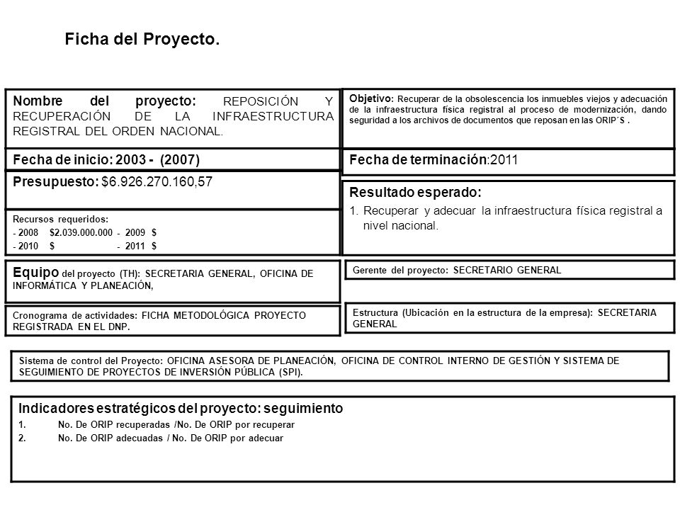 Ficha del Proyecto. Nombre del proyecto: REPOSICIÓN Y RECUPERACIÓN DE LA INFRAESTRUCTURA REGISTRAL DEL ORDEN NACIONAL.