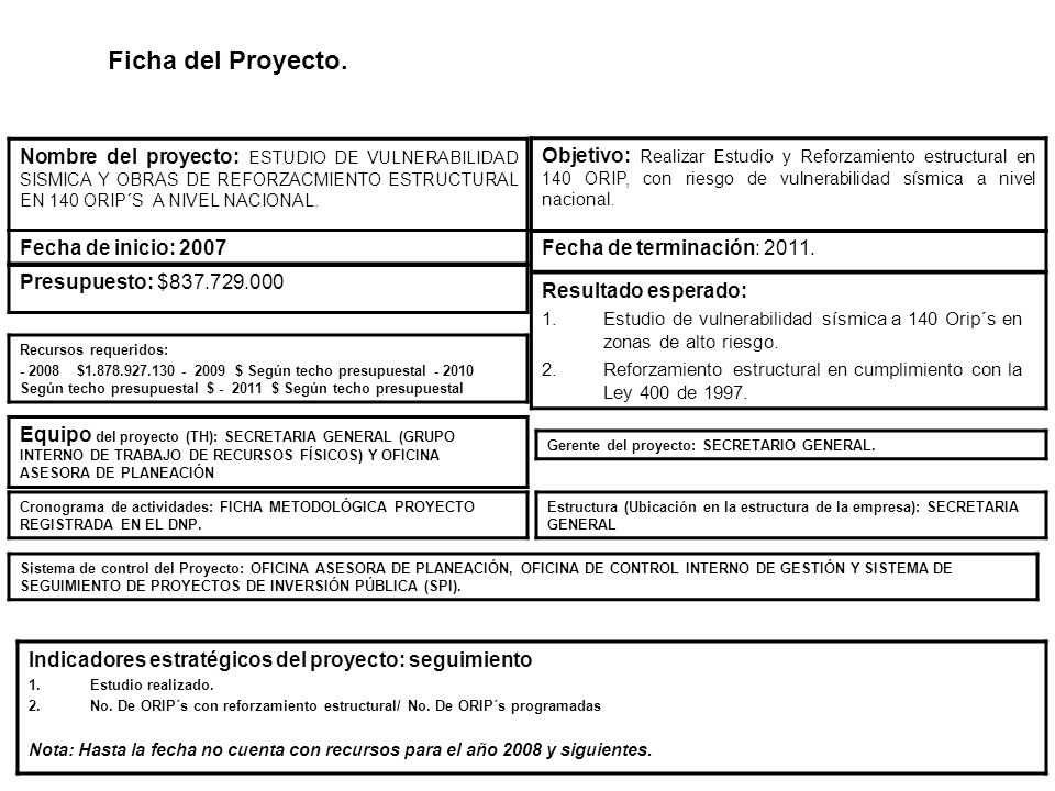 Ficha del Proyecto. Nombre del proyecto: ESTUDIO DE VULNERABILIDAD SISMICA Y OBRAS DE REFORZACMIENTO ESTRUCTURAL EN 140 ORIP´S A NIVEL NACIONAL.