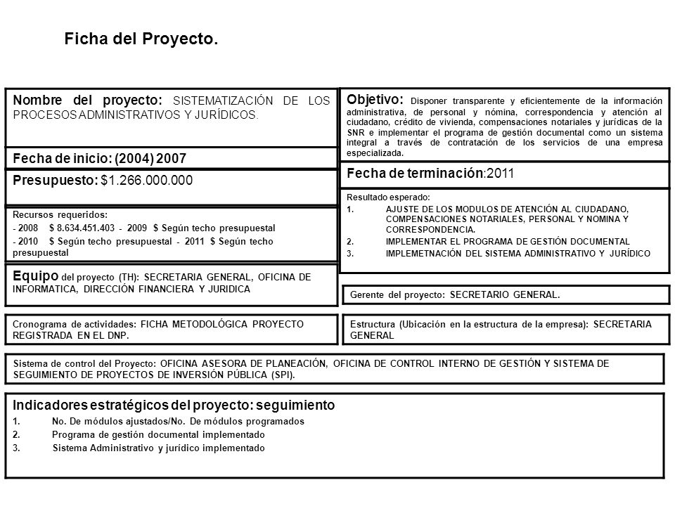 Ficha del Proyecto. Nombre del proyecto: SISTEMATIZACIÓN DE LOS PROCESOS ADMINISTRATIVOS Y JURÍDICOS.