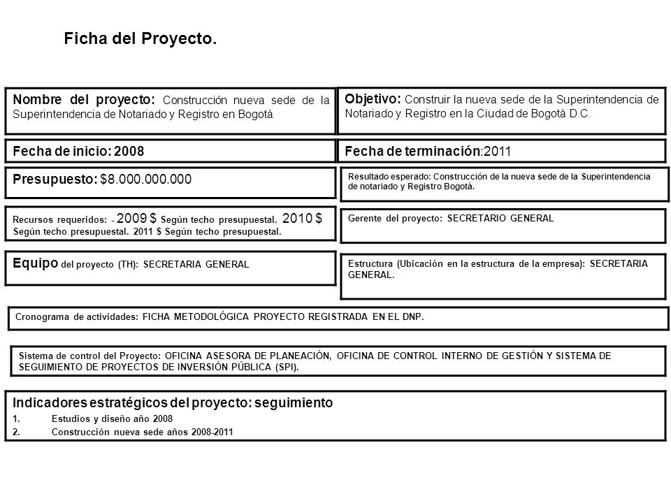 Ficha del Proyecto. Nombre del proyecto: Construcción nueva sede de la Superintendencia de Notariado y Registro en Bogotá.