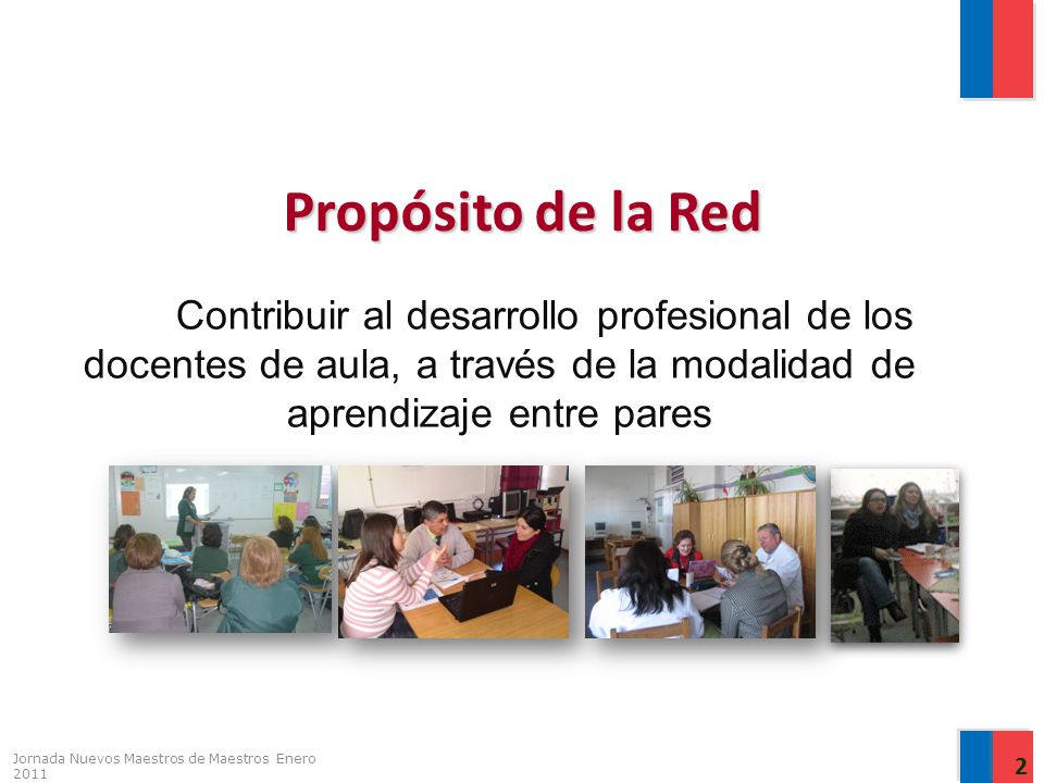 Propósito de la Red Contribuir al desarrollo profesional de los docentes de aula, a través de la modalidad de aprendizaje entre pares.