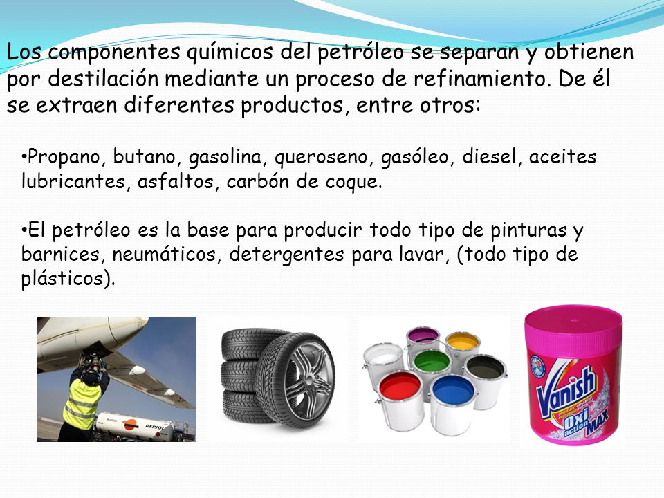 Los componentes químicos del petróleo se separan y obtienen por destilación mediante un proceso de refinamiento. De él se extraen diferentes productos, entre otros: