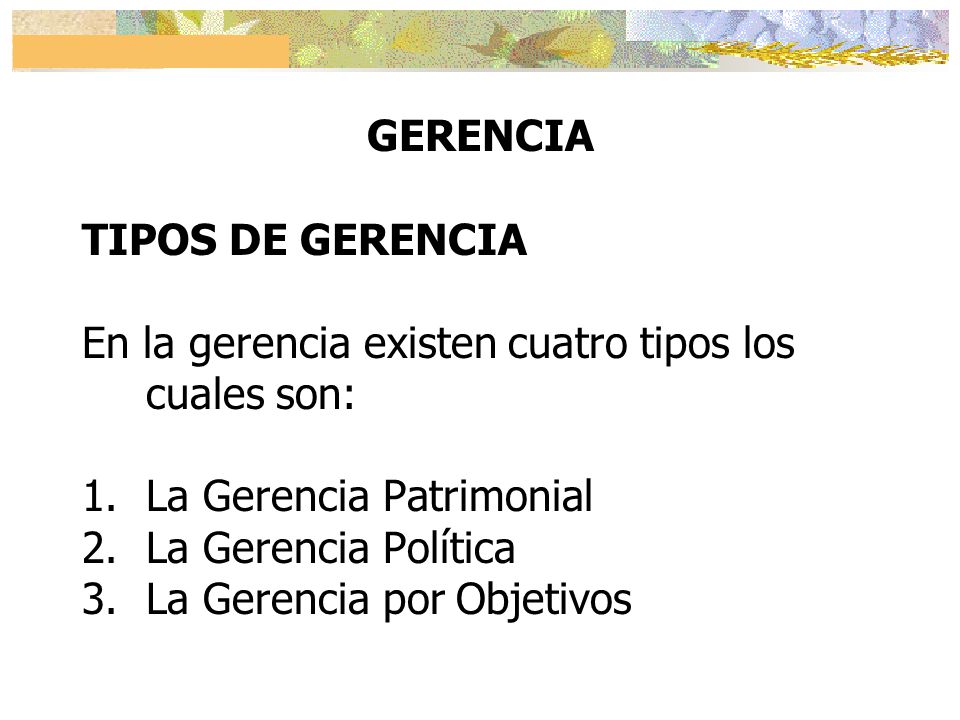 GERENCIA TIPOS DE GERENCIA. En la gerencia existen cuatro tipos los cuales son: La Gerencia Patrimonial.