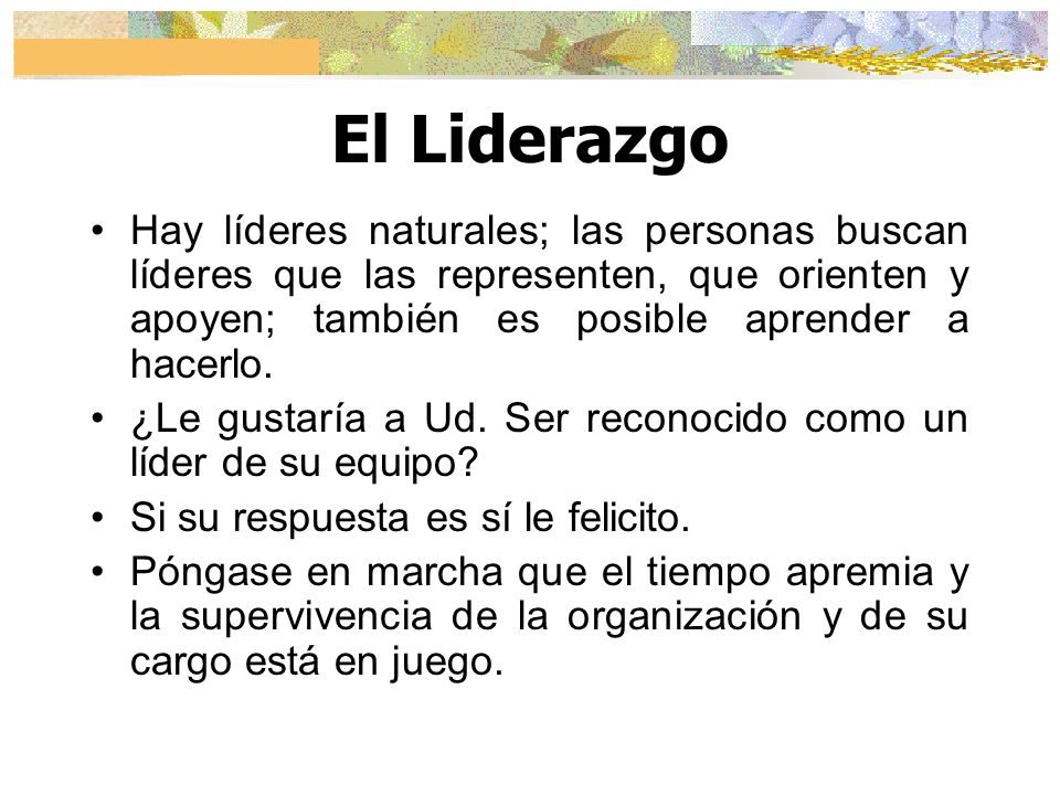El Liderazgo Hay líderes naturales; las personas buscan líderes que las representen, que orienten y apoyen; también es posible aprender a hacerlo.