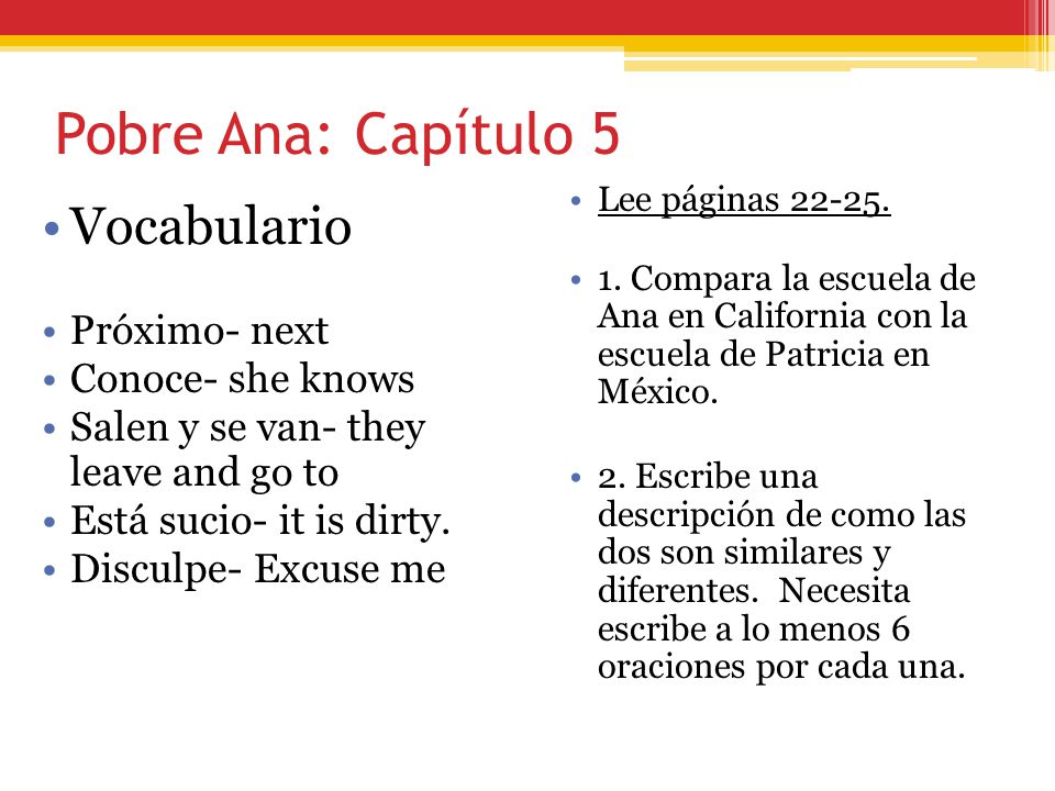Pobre Ana: Capítulo 5 Vocabulario Próximo- next Conoce- she knows