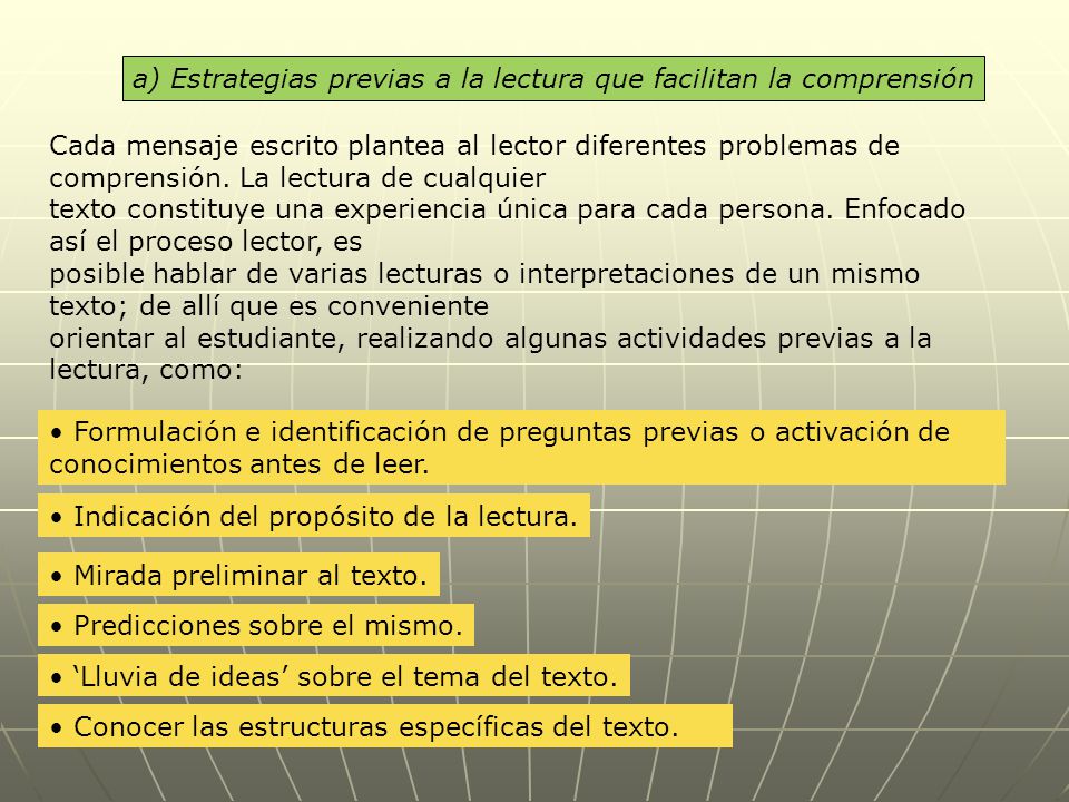 a) Estrategias previas a la lectura que facilitan la comprensión