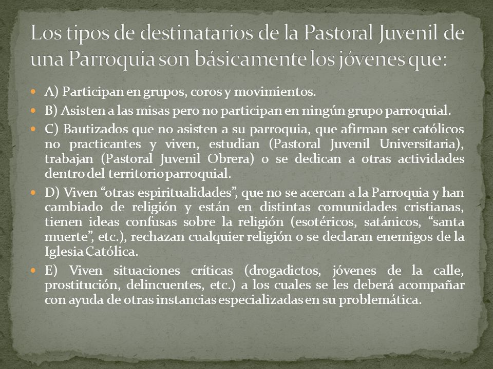 Los tipos de destinatarios de la Pastoral Juvenil de una Parroquia son básicamente los jóvenes que: