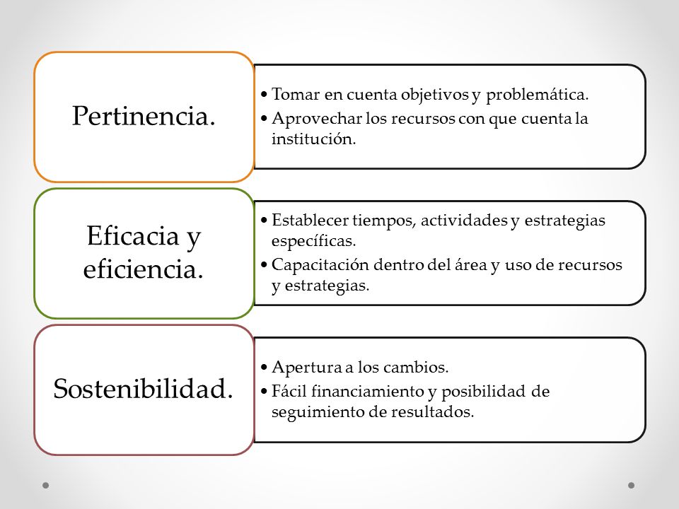 Pertinencia. Tomar en cuenta objetivos y problemática. Aprovechar los recursos con que cuenta la institución.