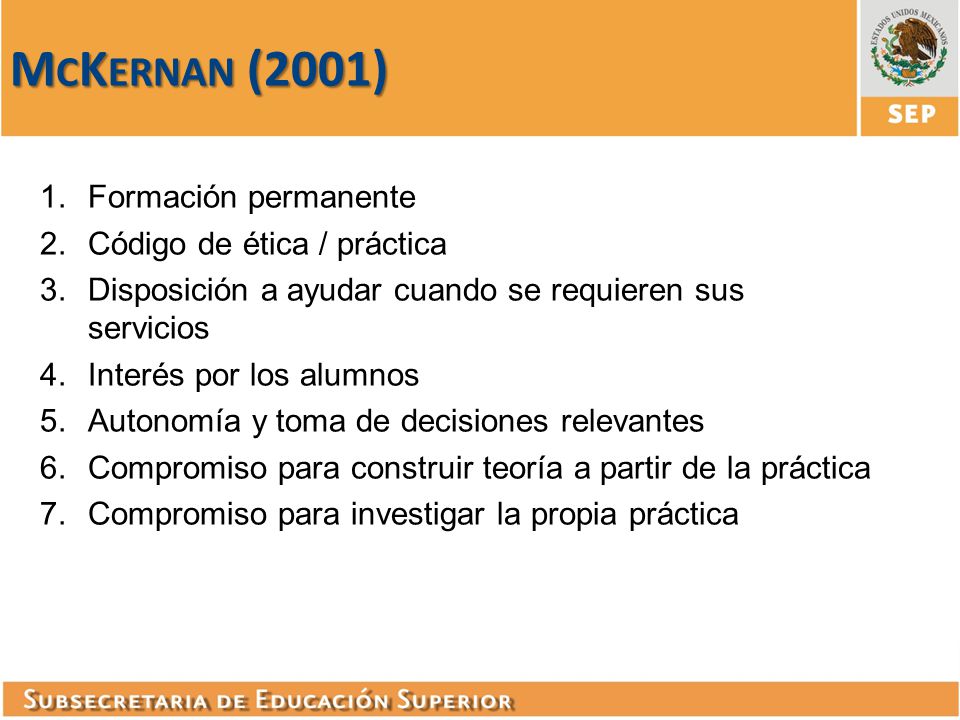 McKernan (2001) Formación permanente Código de ética / práctica