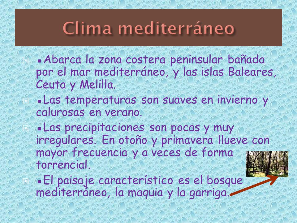 Clima mediterráneo ▪Abarca la zona costera peninsular bañada por el mar mediterráneo, y las islas Baleares, Ceuta y Melilla.