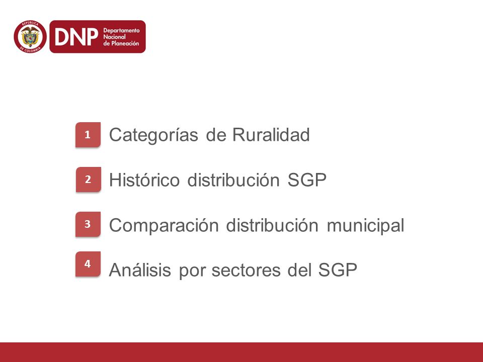 1 Categorías de Ruralidad Histórico distribución SGP Comparación distribución municipal Análisis por sectores del SGP