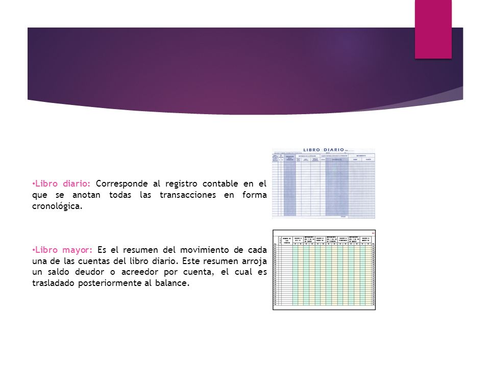 Libro diario: Corresponde al registro contable en el que se anotan todas las transacciones en forma cronológica.