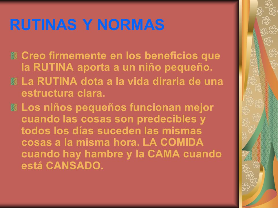 RUTINAS Y NORMAS Creo firmemente en los beneficios que la RUTINA aporta a un niño pequeño. La RUTINA dota a la vida diraria de una estructura clara.