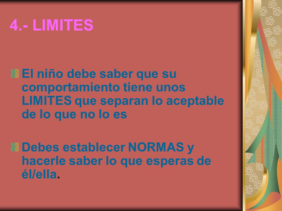 4.- LIMITES El niño debe saber que su comportamiento tiene unos LIMITES que separan lo aceptable de lo que no lo es.