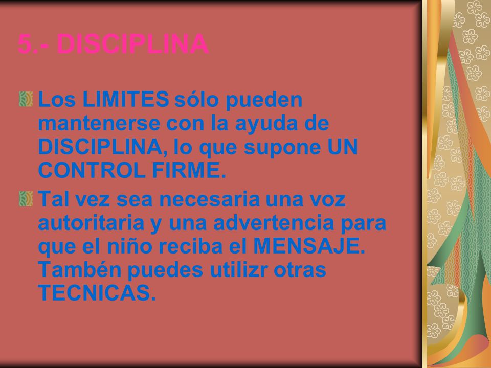 5.- DISCIPLINA Los LIMITES sólo pueden mantenerse con la ayuda de DISCIPLINA, lo que supone UN CONTROL FIRME.