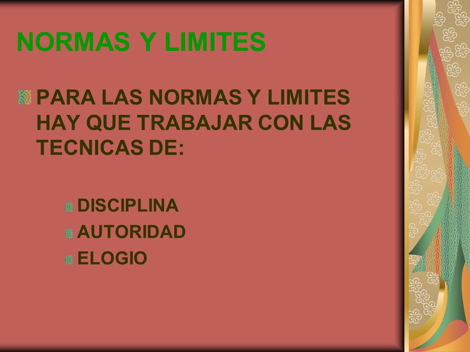 NORMAS Y LIMITES PARA LAS NORMAS Y LIMITES HAY QUE TRABAJAR CON LAS TECNICAS DE: DISCIPLINA. AUTORIDAD.