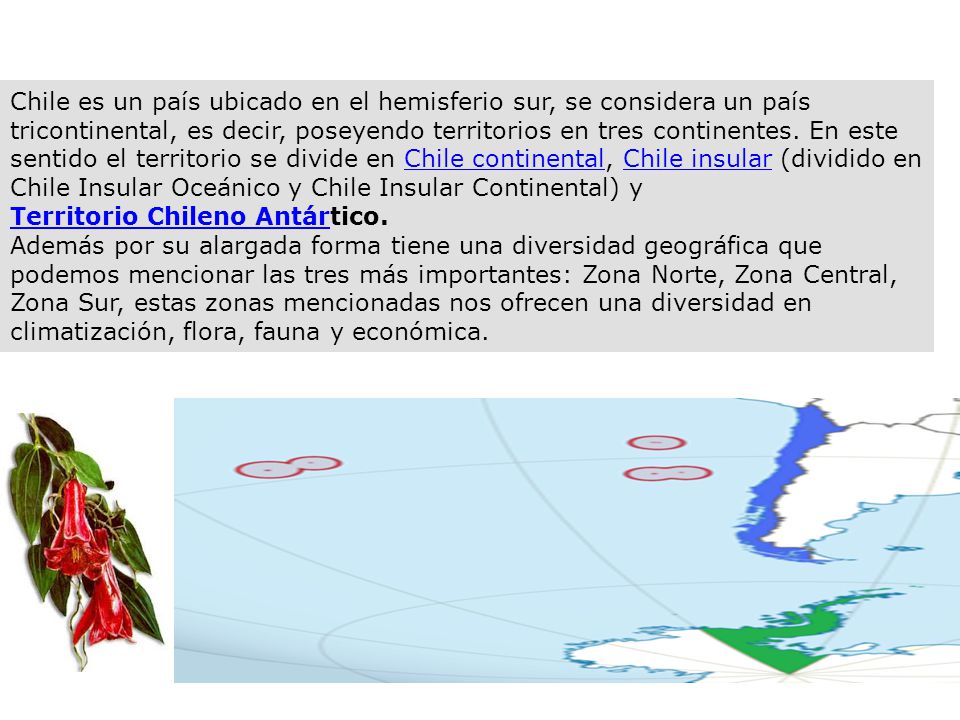 Chile es un país ubicado en el hemisferio sur, se considera un país tricontinental, es decir, poseyendo territorios en tres continentes. En este sentido el territorio se divide en Chile continental, Chile insular (dividido en Chile Insular Oceánico y Chile Insular Continental) y