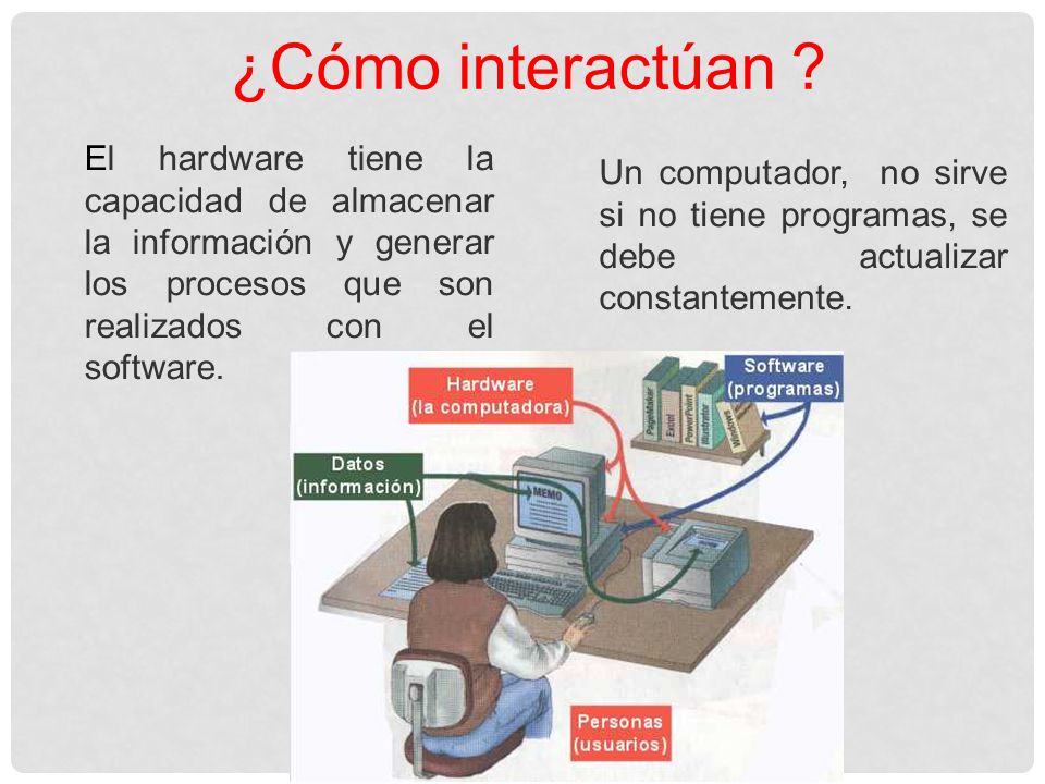 ¿Cómo interactúan El hardware tiene la capacidad de almacenar la información y generar los procesos que son realizados con el software.