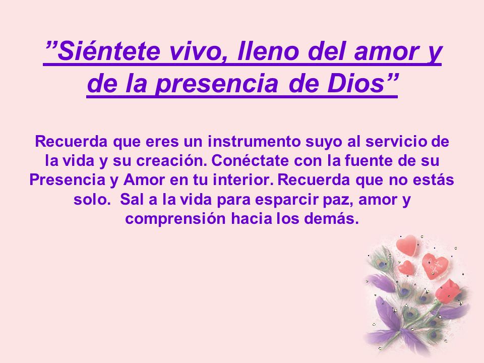 Siéntete vivo, lleno del amor y de la presencia de Dios Recuerda que eres un instrumento suyo al servicio de la vida y su creación.