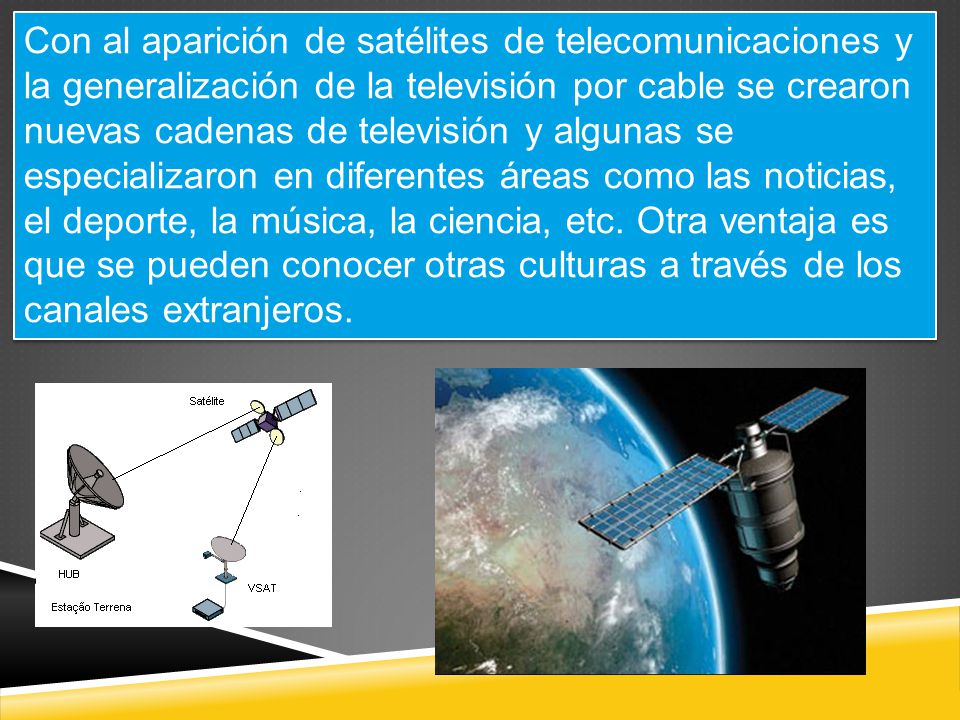 Con al aparición de satélites de telecomunicaciones y la generalización de la televisión por cable se crearon nuevas cadenas de televisión y algunas se especializaron en diferentes áreas como las noticias, el deporte, la música, la ciencia, etc.