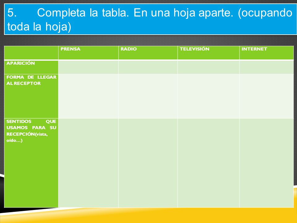 5. Completa la tabla. En una hoja aparte. (ocupando toda la hoja)