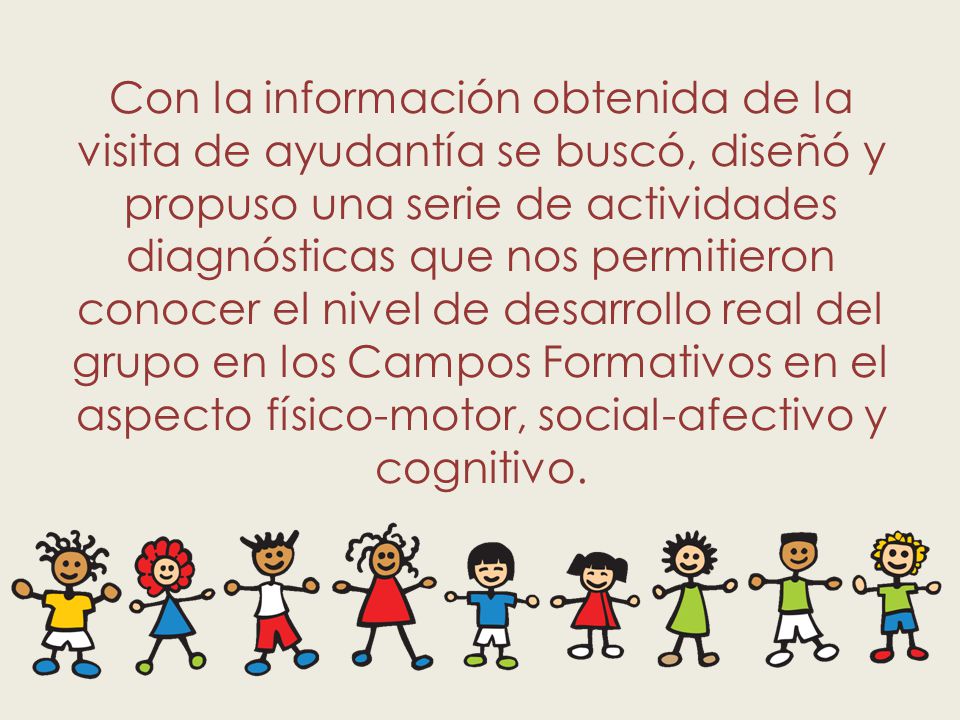 Con la información obtenida de la visita de ayudantía se buscó, diseñó y propuso una serie de actividades diagnósticas que nos permitieron conocer el nivel de desarrollo real del grupo en los Campos Formativos en el aspecto físico-motor, social-afectivo y cognitivo.