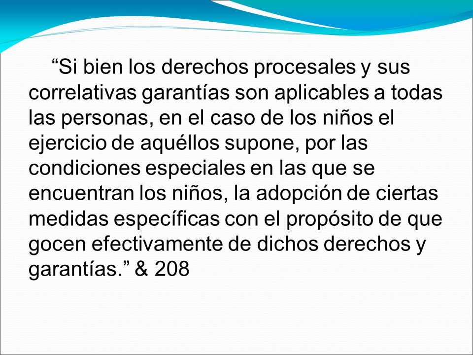 Si bien los derechos procesales y sus correlativas garantías son aplicables a todas las personas, en el caso de los niños el ejercicio de aquéllos supone, por las condiciones especiales en las que se encuentran los niños, la adopción de ciertas medidas específicas con el propósito de que gocen efectivamente de dichos derechos y garantías. & 208