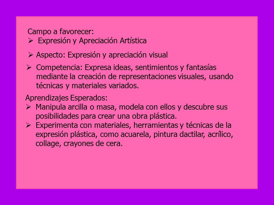 Campo a favorecer: Expresión y Apreciación Artística. Aspecto: Expresión y apreciación visual.
