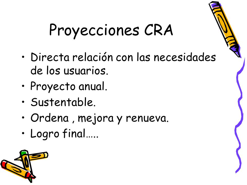 Proyecciones CRA Directa relación con las necesidades de los usuarios.