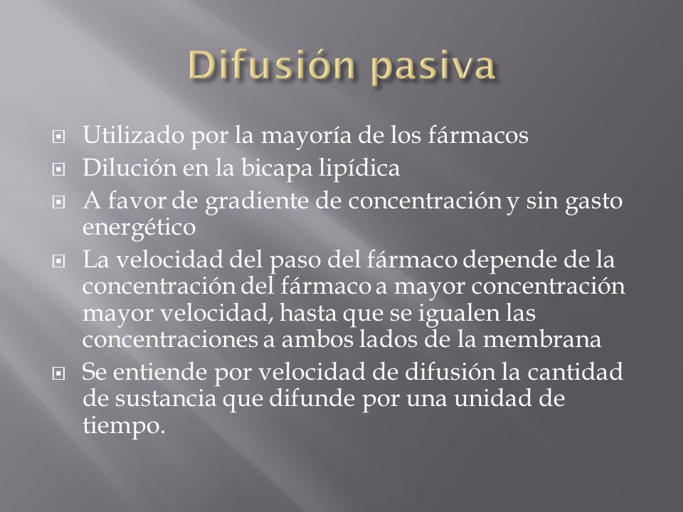 Difusión pasiva Utilizado por la mayoría de los fármacos