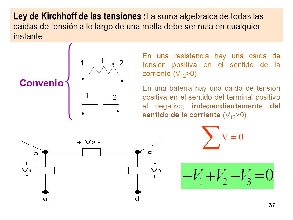 Ley de Kirchhoff de las tensiones :La suma algebraica de todas las caídas de tensión a lo largo de una malla debe ser nula en cualquier instante.