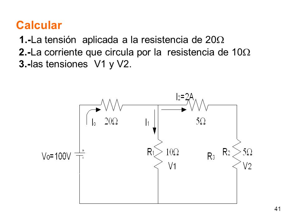 Calcular 1. -La tensión aplicada a la resistencia de 20 2